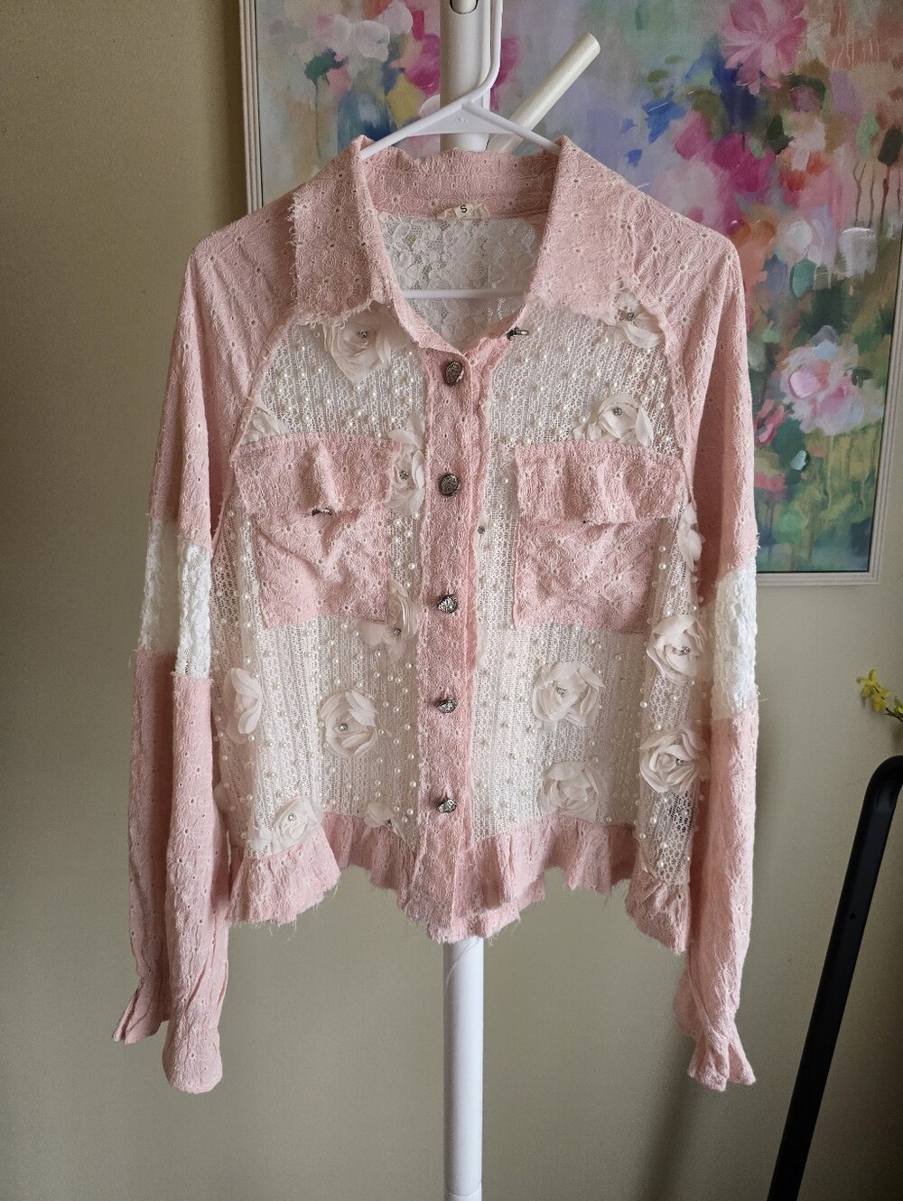 POL Soft Boho Blush Crochet Lace Shacket Shirt Jacket Size Small Oversized NWOT - Picture 4 of 13